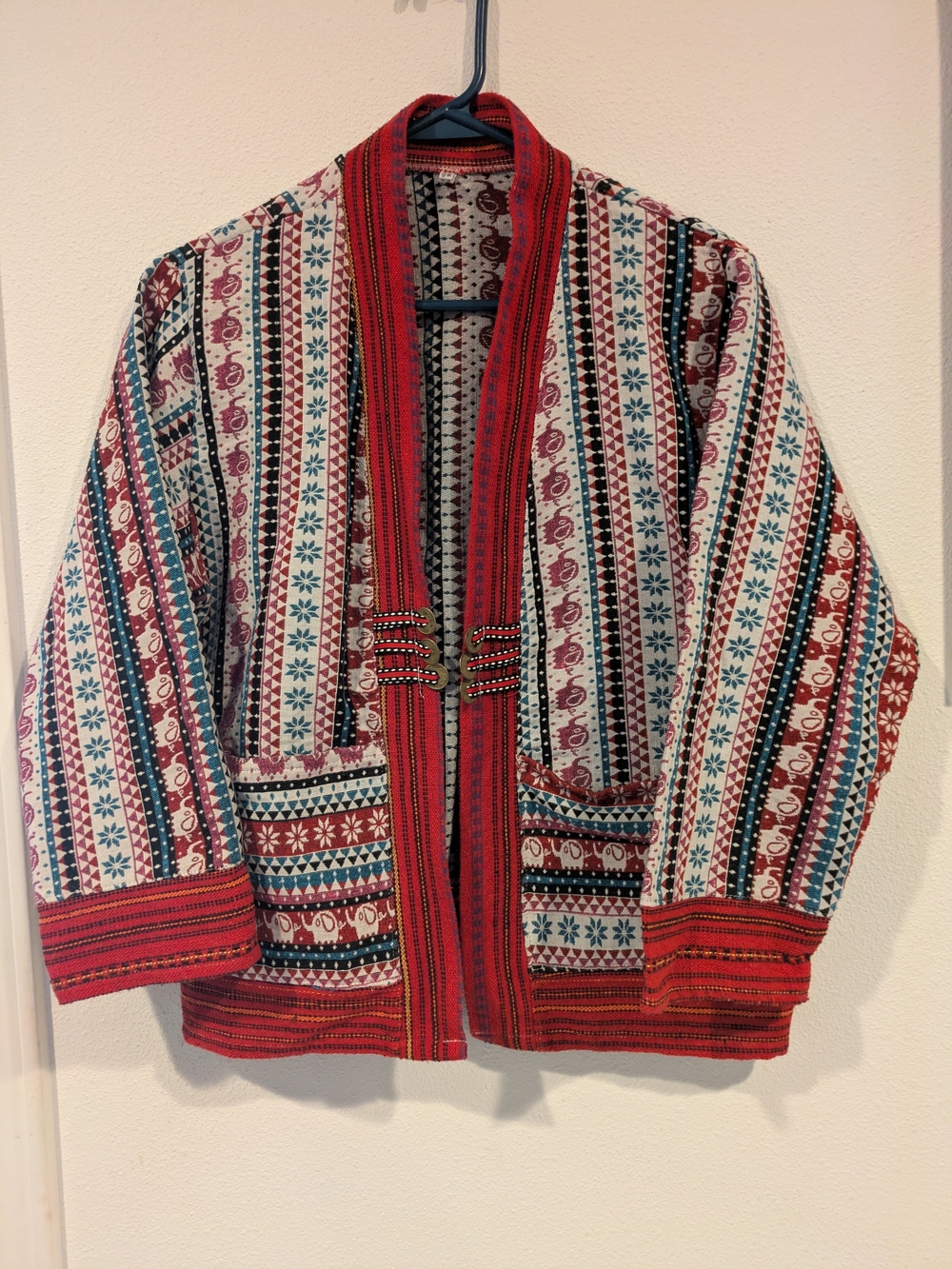 Red Patterned Bohemian Jacket Hand Woven Thailand Elephants